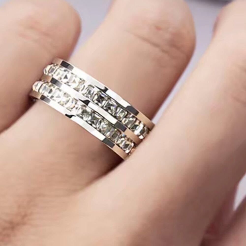 Double row square zircon silver stainless steel ring